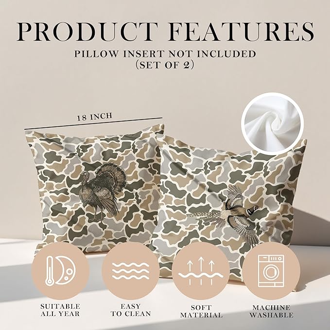 Vintage Camo Turkey Pheasant Throw Pillow Covers 18x18 Set of 2, Turkey Pheasant Hunting Pillowcase, Camouflage Farm Animal Decorative Pillow Covers,Camouflage Wild Animal Decor