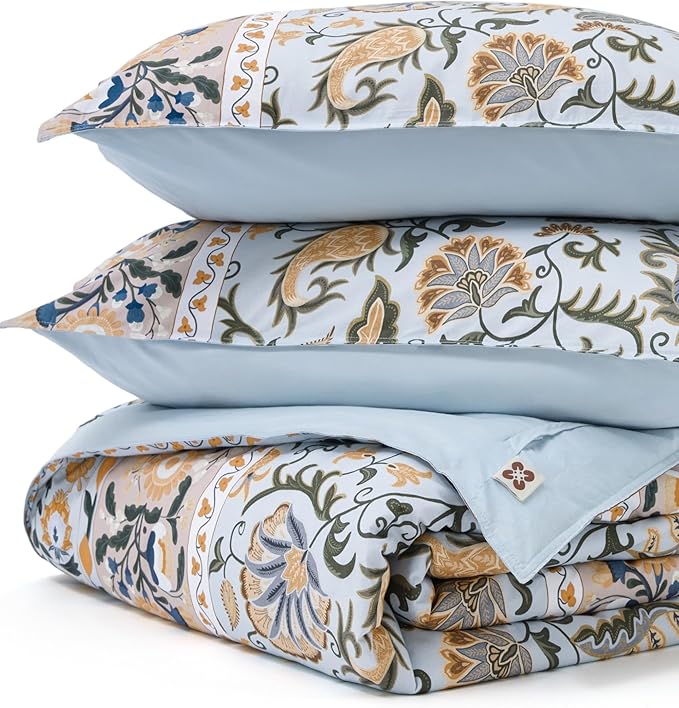 Bedsure Duvet Cover King Size - 100% Cotton Reversible Classic Frame Bordered Duvet Cover Set, 3 Pieces Soft & Breathable PureWoven Bedding Set with 2 Pillow Shams (Vintage Blue Boho 104"x90")