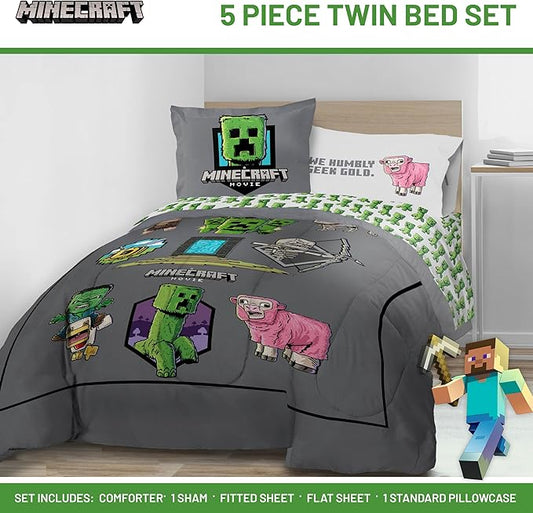 Jay Franco Kids Comforter Set Includes Sheets and Pillow Covers - Soft and Cozy Bed Set for Stylish Room Decor, Grey - Minecraft Movie, 5 Piece Twin Size Bedding