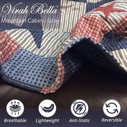 Virah Bella 3 Piece Queen Cabin Quilt Bedding Set - Mountain Cabin Gray - Rustic Country Reversible Patchwork Comforter Set with Decorative Pillow Shams, Blue/White