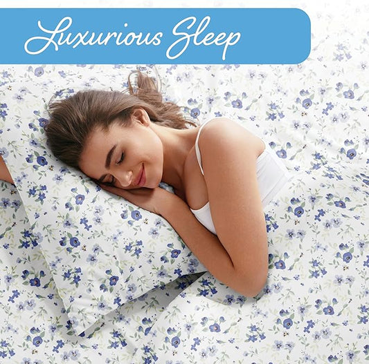 Linen Market 4 Piece Queen Sheet Set - Breathable, Double-Brushed Patterned Cooling Sheets – Ultra Soft & Wrinkle-Free 16" Deep-Pocket Queen Sheets - Easy Care Blossoms Light Blue