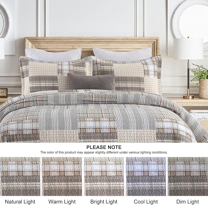 PANGUSHAN Quilts Sets Queen Size,100% Cotton Queen Quilted Bedspreads Bedding Set,Patchwork Plaid Quilt for Queen Bed,Tan/Grey Farmhouse Rustic Bed Spread,Reversible Lightweight Comforter,3-Piece