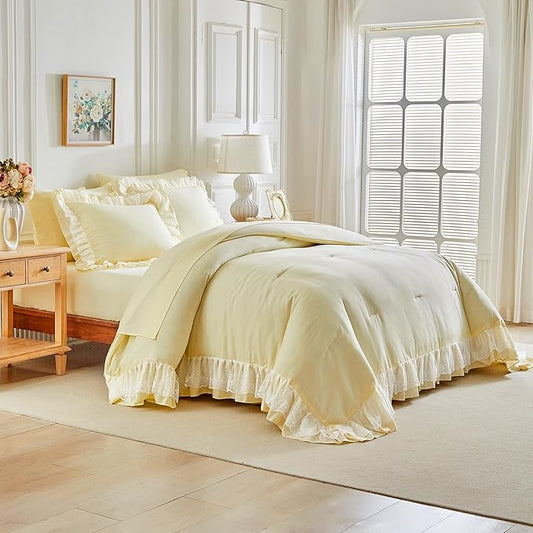 Joyreap King Size Comforter Set Yellow, 3pcs Lace Ruffled Bedding Comforter Set, Microfiber Vintage Boho Chic Bedding Set for All Season- 100x88 inches