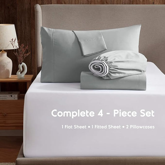 Nestl Queen Sheet Set - Luxury 1800 Ultra-Soft Microfiber Bed Sheets - Double Brushed - Deep Pockets - Easy Fit - 4 Piece Set - Bedding Sheets & Pillowcases (Queen, Light Grey)