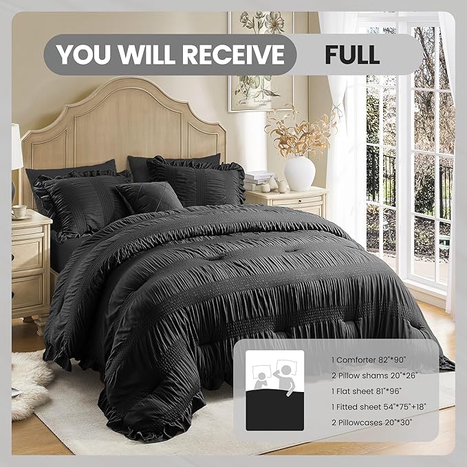 QUIETSEA Full Comforter Set Seersucker 7 Pieces Luxury Ruffle Bed in a Bag Full Size for All Season Black Bedding Set with Comforter, Pillowcases, Flat Sheet, Fitted Sheet and Pillow Shams