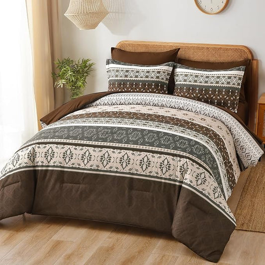 WONGS BEDDING Boho Comforter Set Queen, 7 Pieces Brown Comforter Bedding Set,Bohemian Paisley Floral Bed in a Bag,Soft Microfiber Striped Comforter Bedding Sets for All Season