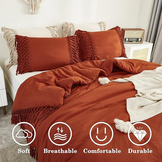 Andency Comforter King Size Set Burnt Orange, 3 Pieces Boho Terracotta Tassel Lightweight Fluffy Bedding Comforters & Sets, Soft All Season Rust Bed Set (104x90In Comforter & 2 Pillowcases)