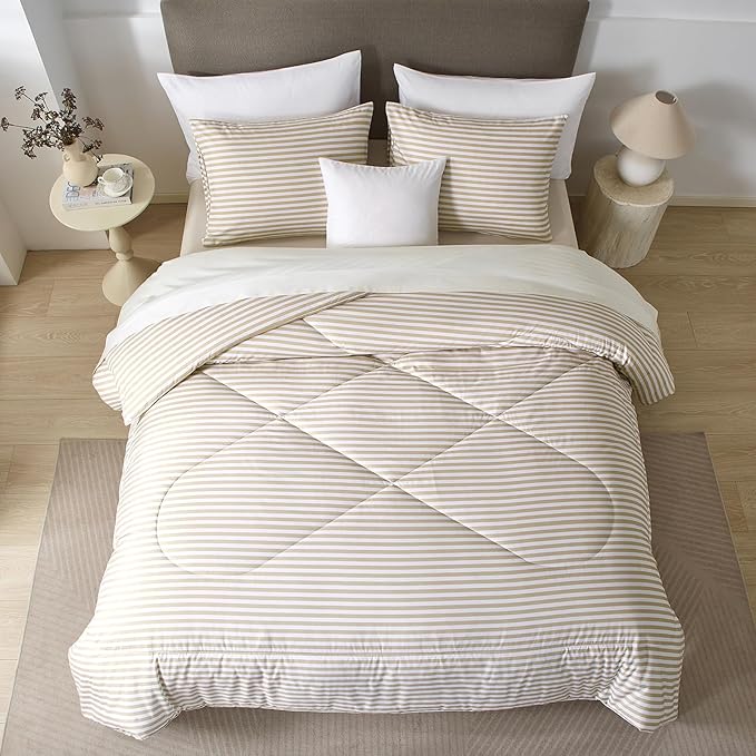 mixinni Tan Striped Comforter Set Queen Size - Beige Stripes Pattern Bed Set for All Season, 3 Pieces Lightweight Bedding Comforter Sets for All Seasons (1 Soft Fluffy Comforter + 2 Pillowcases)