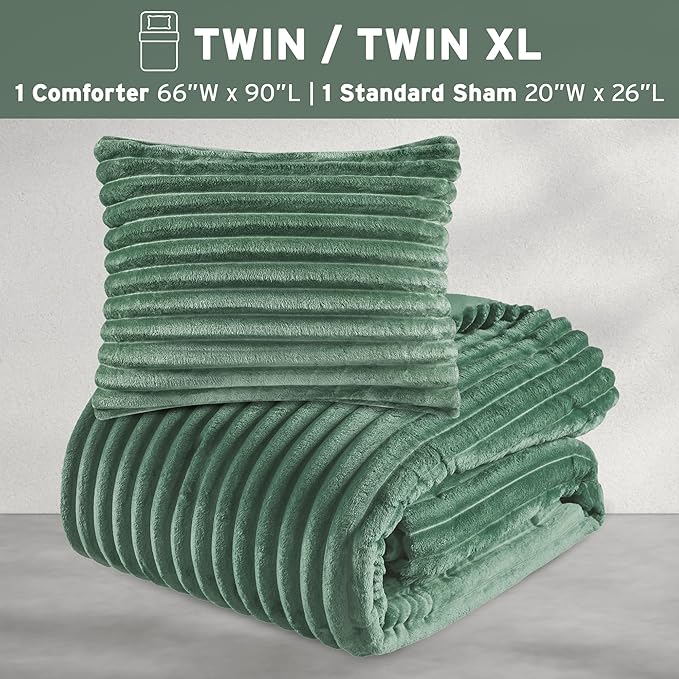 Intelligent Design Twin Comforter Set, Cozy Plush Bedding, Microfiber Reverse, 2 Piece, Lightweight, Super Soft Ribbed Velvet Comforter 1 Sham, All Season Fluffy Bed Set, Avril, Twin/Twin XL Green