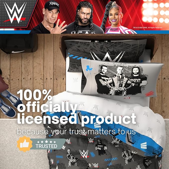 WWE Wrestling Bedding Set, Twin Size 5 Piece Set Super Soft Cozy Reversible Comforter and Sheet Set with Sham, (100% Officially Licensed Product) by Franco