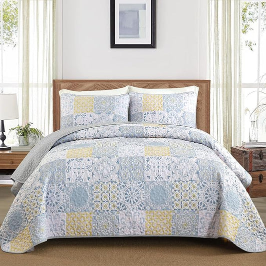 Dobuyly Full Size Quilt Set 3 Pieces, Blue/Yellow/Grey Patchwork Bedspreads, Boho Summer Coverlet Set, Soft Lightweight Microfiber Bedding Set for All Seasons 78"x90"