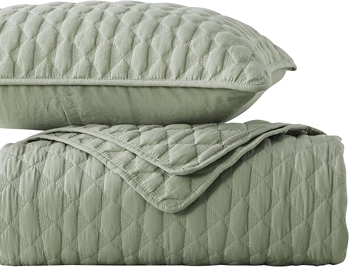 WDCOZY Sage Green Quilt Queen Size Bedding Sets with Pillow Shams, Lightweight Soft Bedspread Coverlet, Quilted Blanket Thin Comforter Bed Cover, All Season Spring Summer, 3 Pieces, 90x90 inches
