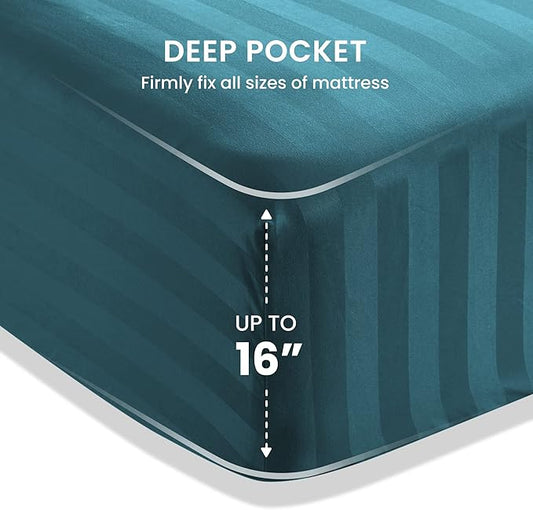 SLEEP ZONE Striped Cooling Queen Sheets Set - Fitted Flat Sheet & Pillowcase Sets 4 Piece - Super Soft Stripe Bed Sheet, Easy Care, Deep Pocket (Teal, Queen)