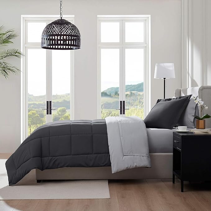 Nestl 5 Piece Twin XL Comforter Set – Dark Grey Reversible Bed in a Bag – Complete Twin XL Size Bedding Set with Sheets, Pillowcase and Sham