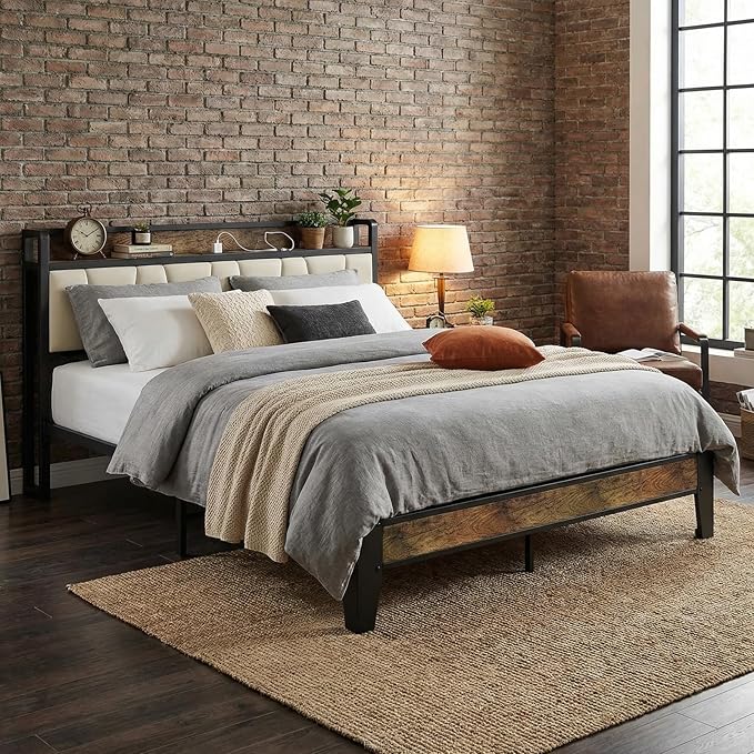 LIKIMIO Queen Bed Frame, Storage Headboard with Charging Station, Solid and Stable, Noise Free, No Box Spring Needed, Easy Assembly (Walnut and Beige)