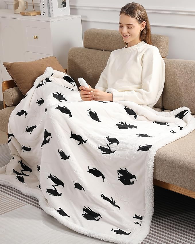 Cute Heated Blanket Queen Size Electric Blanket 84"x90" Dual Controllers to Adjust Heating Levels Heating Blanket Queen with 5 Heating Levels & 10 Hrs Auto-off, Machine Washable, Great Birthday Gift