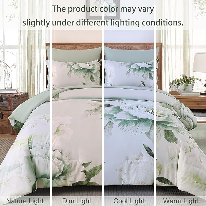 Dobuyly Floral Comforter Set Queen 7 Piece Bed in a Bag, Sage Green Reversible Comforter Set with Sheets, Soft Microfiber Botanical Flowers Summer Bedding Set for All Season