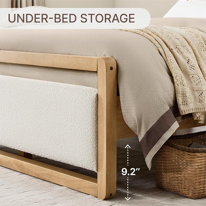 KISLOT Wood Bed Frame, with USB Headboard & Footboard, Cream, Queen | Mattress Foundation, Strong Wooden Slat Support, Noise-Free, No Box Spring Needed, Easy Assembly
