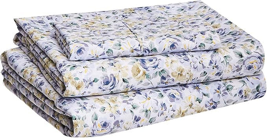 Amazon Basics Lightweight Super Soft Easy Care Wrinkle Free Breathable Brushed Microfiber 3 Piece Bed Sheet Set with 14-Inch Deep Pockets, Twin, Blue Floral, Kids, Men & Women Bedding