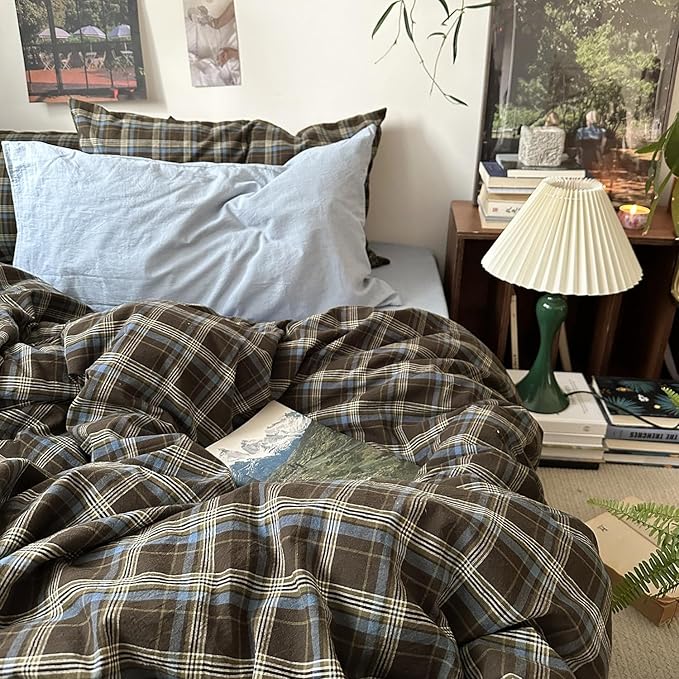 MKXI Buffalo Plaid Duvet Cover Twin XL - 3 Piece Washed Cotton Bedding Set, Blue Brown Green Vintage Aesthetic, Soft Breathable with Zipper Closure
