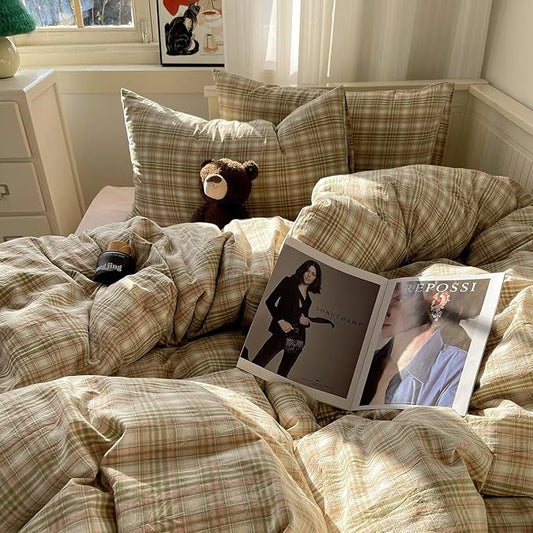 MKXI Pistachio and Pink Plaid Duvet Cover Full, 3-Piece Vintage Aesthetic Bedding Set, 100% Washed Cotton, Breathable & Lightweight Reversible Design with Zipper Closure