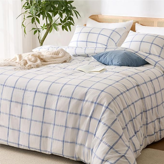 Blue Plaid Duvet Cover King, 100% Soft Washed Cotton King Size Duvet Cover Set 3 Pieces with Zipper Clousre & Corner Buttons (White/Blue Plaid, King 104 x 90)