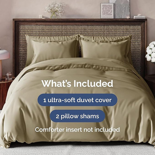 Duvet Cover Queen Size Set - Extra Soft Queen Duvet Cover 90" x 90" with 2 Pillow Shams - Hotel Luxury, Easy Care and Fade Free w/ Zipper Closures & Ties - All Season, Comfy, Cozy & Breathable (Khaki)