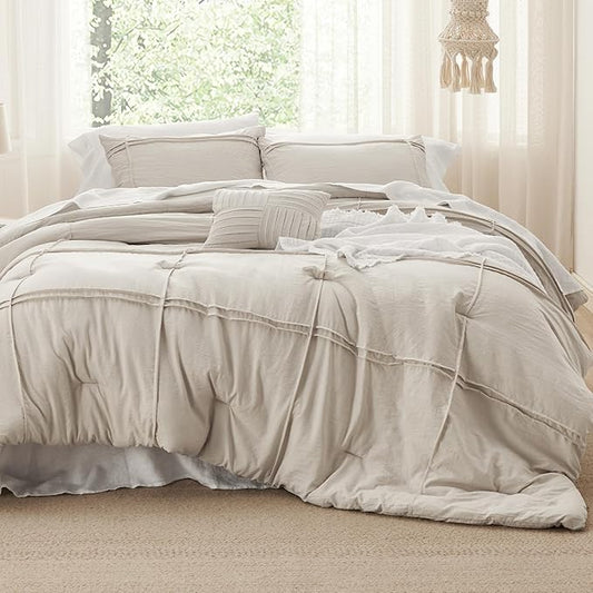 Bedsure Beige Queen Comforter Set - 4 Pieces Grid Pleated Bed Set, Down Alternative Bedding Sets for All Season, 1 Comforter, 2 Pillowcases, 1 Decorative Pillow