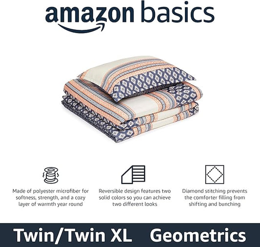 Amazon Basics Lightweight Microfiber Comforter Set, 2-Piece, Twin/Twin XL, Gray Geometrics