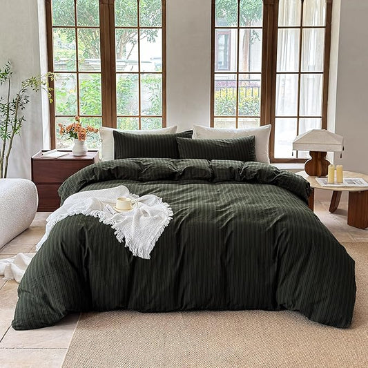 Striped Duvet Cover Set 100% Washed Cotton Linen Like Soft Feelling Breathable Bedding(Olive Green/Black Strip,Twin)