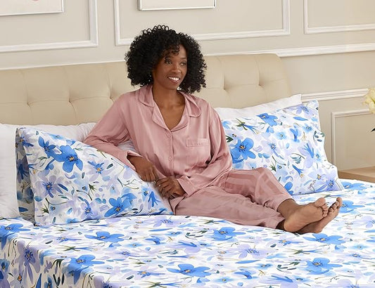 Sunflower Queen Pillowcases Set of 2, 100% Cotton Queen Size Pillow Cases 2, 20ร30 inches Blue Bloom, Soft and Breathable