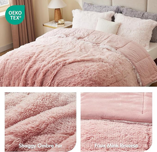 Intelligent Design Brielle, Long Shaggy Faux Fur Comforter Set, Plush Reverse, Trendy Ombre Design, Modern, Cozy All Season Bedding, Matching Sham, Full/Queen(90"x90") Blush 3 Piece