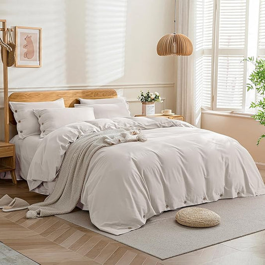 JELLYMONI Cotton Duvet Cover Cal King Size - Beige Comforter Cover with Button 100% Washed Cotton 3PCS Breathable Soft Solid Bedding Set Duvet Cover 104×98in & 2 Pillowcases (NO Comforter)