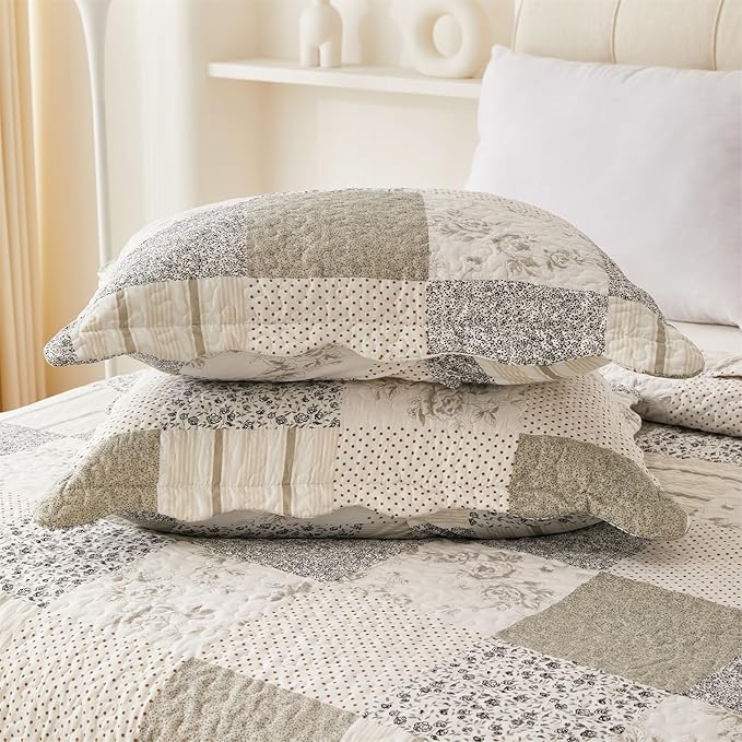 Cmfshape Summer Floral Queen Quilt Set,Grey Patchwork Quilts Queen,Reversible Quilted Bedspread with 2 Shams, Vintage Farmhouse Coverlet(Grey, Queen90 x90)