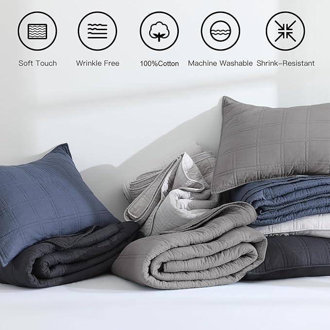 HORIMOTE HOME 100% Cotton Quilt Set Twin Size, Grey Pre-Washed Bedspreads Coverlet Set in Geometric Pattern, Cozy Lightweight Stitching Decorative Bedding Cover with 1 Sham for All Season