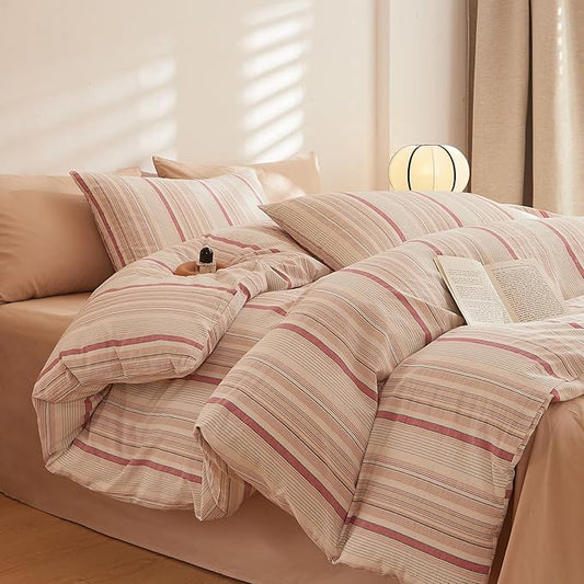 HighBuy Queen Comforter Set Blush Brown Striped Bedding Set 3 Piece,Vintage Stripes Pattern Printed Comforter Fluffy with 2 Pillowcases,Breathable Soft All Season Boho Chic Comforter Sets