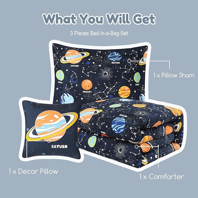 Twin Comforter Set for Boys-3 Pieces Space Glow in the Dark Twin Bedding Sets for Kids,1 Comforter,1 Sham and 1 Decor Pillow