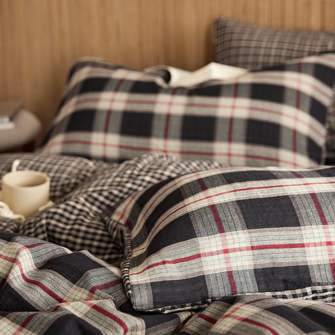 EAVD Vintage Style Red&Black Plaid Duvet Cover Twin Soft 100% Cotton Muslin Retro Red Green Black Grid Checkered Plaid Bedding Set with 2 Pillowcases Reversible Gingham Duvet Cover with Zipper Closure