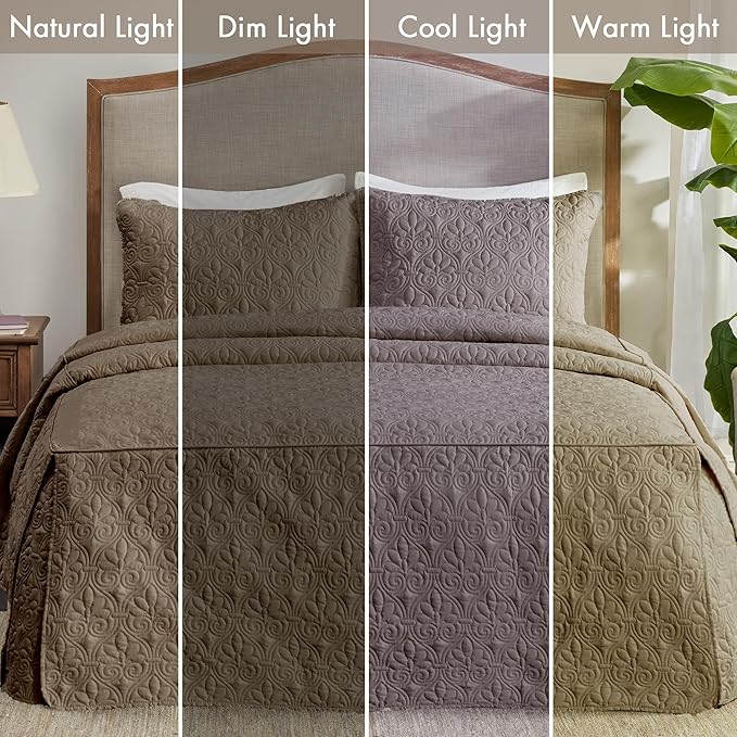 Madison Park Quebec Split Corner Quilted Bedspread Classic Traditional Design All Season, Lightweight, Bedding Set, Matching Shams, King, Damask Quilted Khaki 3 Piece