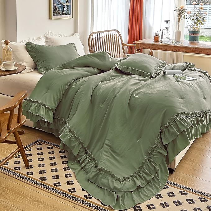 AIKASY Sea Green Comforters Twin Size Set, Vintage Boho Chic Farmhouse Bedding Sets Shabby Ruffle Queen Bed Comforter Bedding 3PCS(1 Comforter and 2 Pillowcases)