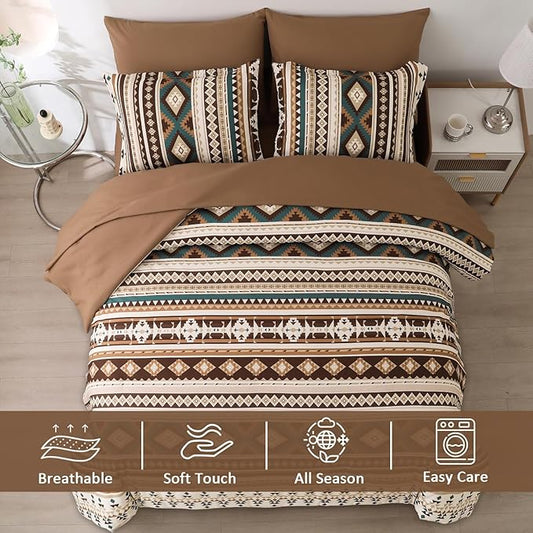 Dinjoy Brown Boho Comforter Set Queen Size,7 Pieces Bed in a Bag Queen Coffee Aztec Bedding Sets with Sheets Bohemian Geometric Striped Complete Set for Fall Winter 90"x90"