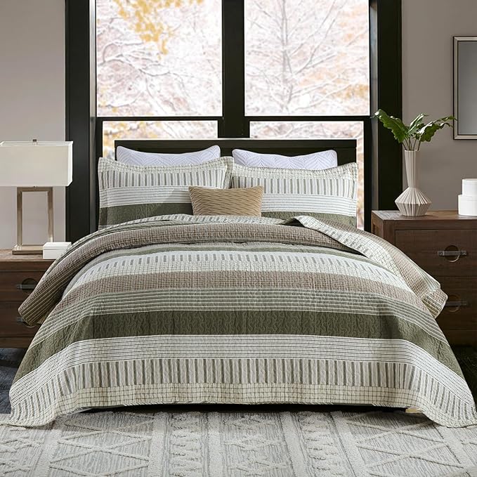 PANGUSHAN 100% Cotton Quilt Set Queen Size, Patchwork Queen Quilt Bedding Set Bedspreads, Farmhouse Lightweight Comforter Reversible Quilt, Queen Bed Spread for All Season, Green/Brown/Cream