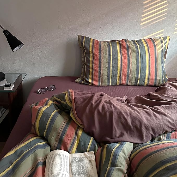 mixinni Vintage Striped Duvet Cover Set Twin Size - 3 Piece 100% Washed Cotton Bedding Set, Soft & Breathable, Colorful Striped Pattern Printed Comforter Cover for All Seasons