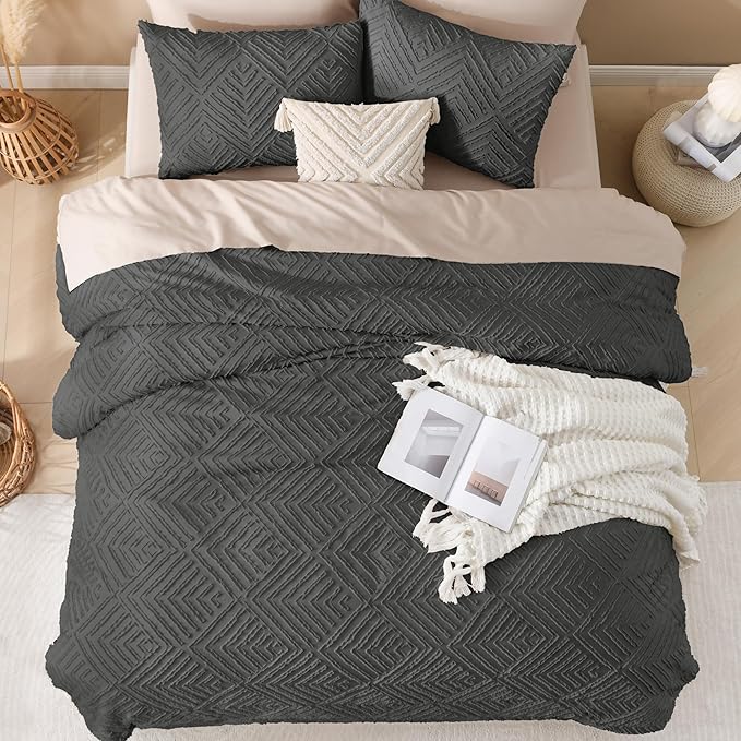 Andency Dark Grey Oversized King Comforter 120''x98'', 3 Pieces Dark Gray Soft Boho Bedding Set & Collections, Farmhouse Tufted Fluffy Shabby Chic Bed Set for All Seasons (1 Comforter, 2 Pillowcases)