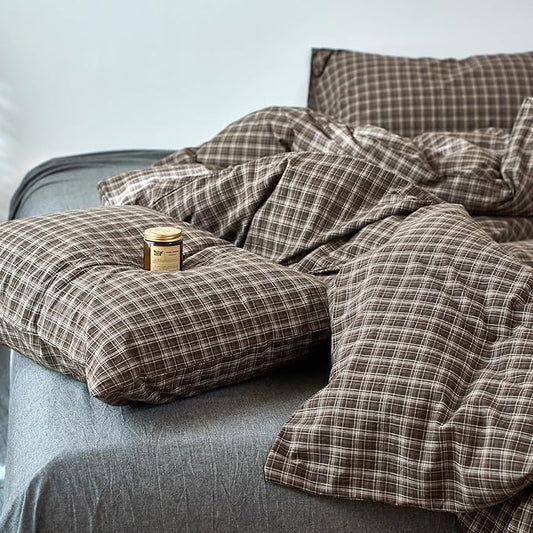 Plaid Duvet Cover Twin Size Brown Washed Cotton Comforter Cover Twin Size Soft Boho Pattern Taupe Duvet Cover Set with 2 Pillow Cases Checkered Zipper Bedding Set Farmhouse Duvet Protector