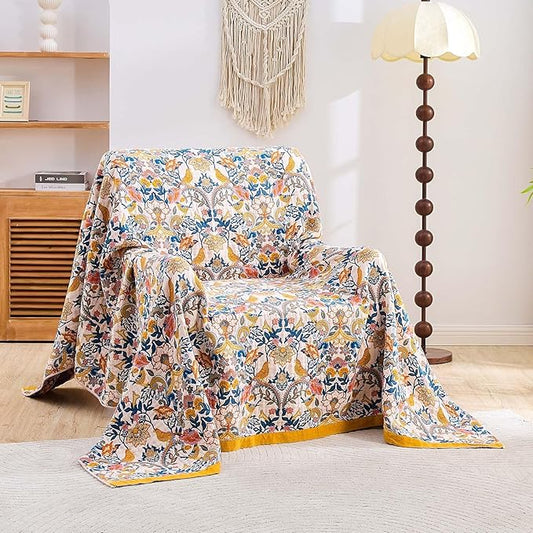 Boho Blanket Throw Quilt, 100% Cotton Soft Light Weight Throw Blankets for Summer, 90"x98" Farmhouse Flower Decorative Blankets, All Season Rustic Reversible Bohemian Throw Quilt