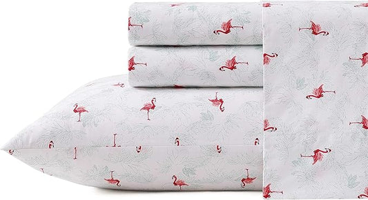 Tommy Bahama - King Size Sheet Set, Crisp & Cool Cotton Percale Bedding with a Smooth Lightweight Feel, 4 Piece Holiday Bed Sheets with Matching Pillowcases (Flamingo Santa Red)