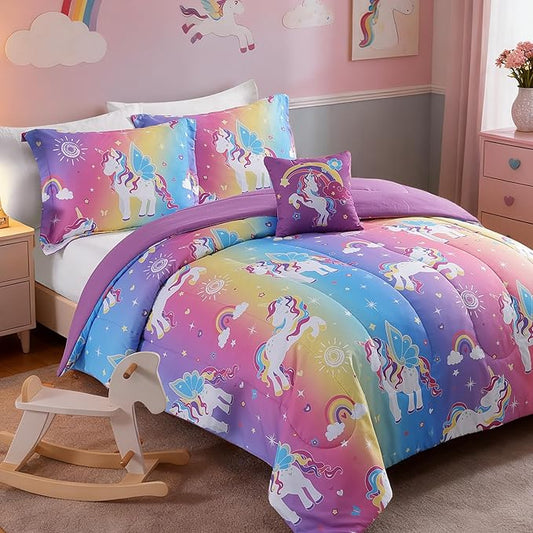 Full Size Comforter Set for Girls-4 Pieces Rainbow Unicorn Patterns Full Bedding Set with 1 Comforter, 1 Decor Pillow &2 Pillow Shams