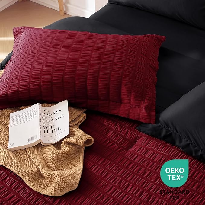 MUXHOMO 7 Pieces Full Comforter Set, Seersucker Bed in a Bag Full Size, All Season Luxury Bedding Set with Comforter, Flat Sheet, Fitted Sheet, Pillowcases & Shams, Red & Black