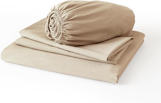 JIYUAN King Size Sheet Set, 4-Piece - 100% Washed Cotton, Linen-Like Soft & Breathable, Includes Deep Pocket Fitted & Flat Sheet with 2 Pillowcases, Hotel Quality, Heathered Tan